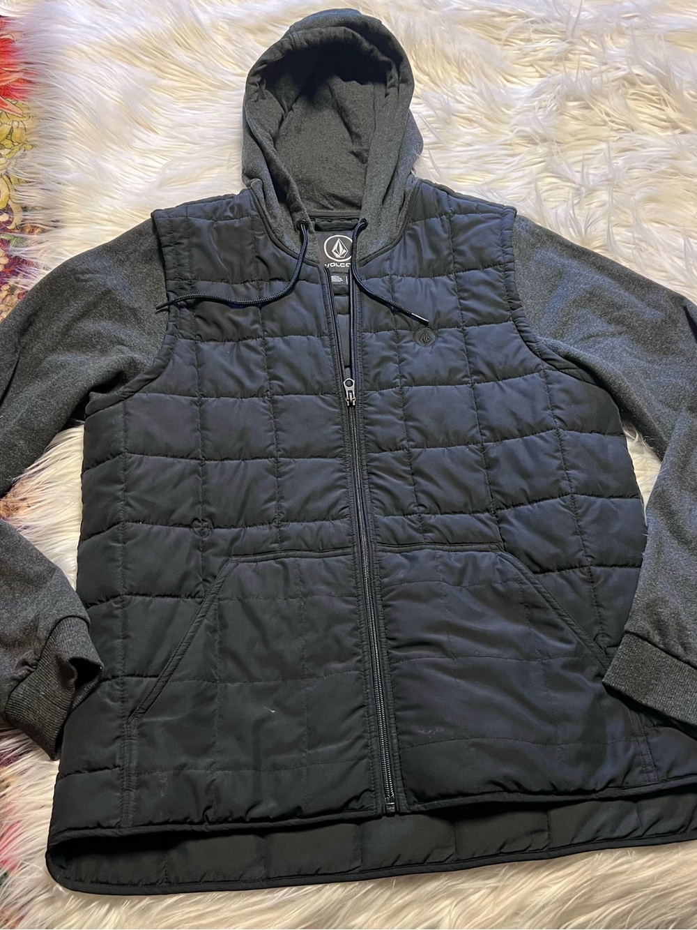 Volcom Black Quilted Hooded Jacket with Gray Sleeves